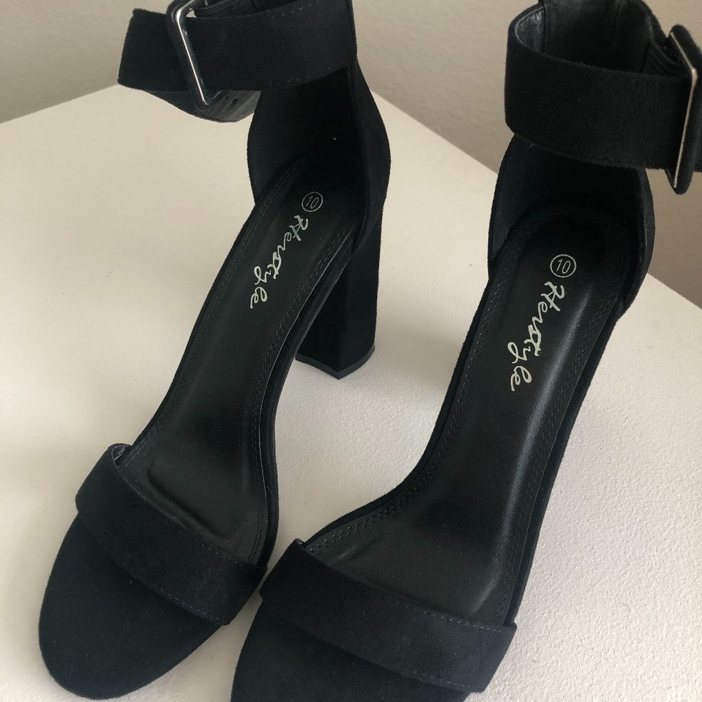(WORN ONCE) Simple Black Suede Ankle Strap Heels